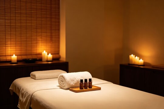 Empty SPA Treatment Room, Massage Bed Towels Candles Warm Light