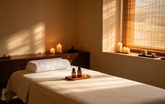 Empty SPA Treatment Room, Massage Bed Towels Candles Warm Light