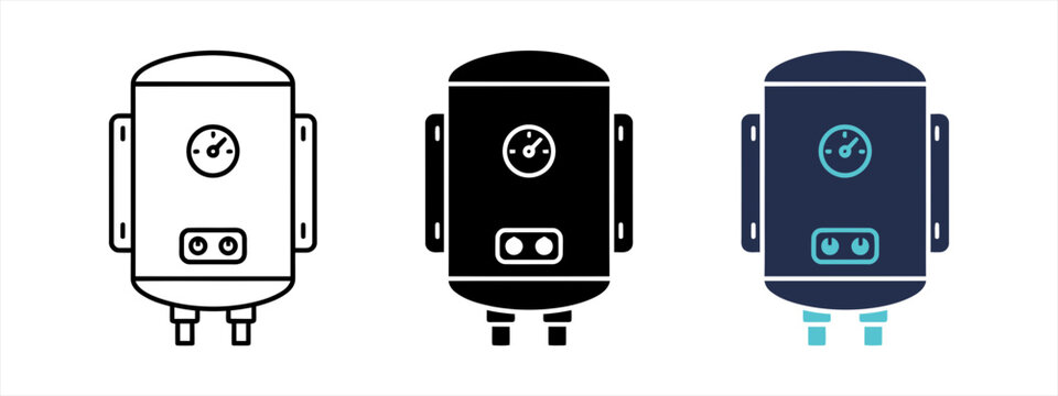 Electric water heater boiler, home heating system tank, and plumbing geyser icon set in outline, silhouette, and colored styles