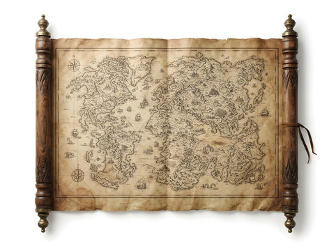 Antique fantasy world map scroll on wooden rollers isolated on white background