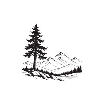 mountain landscape black and white vector sketch