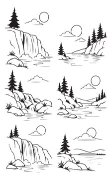 Black and white vector sketch of a landscape with waterfalls, lakes, and mountains.