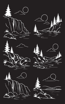 Black and white vector sketch of a landscape with waterfalls, lakes, and mountains.
