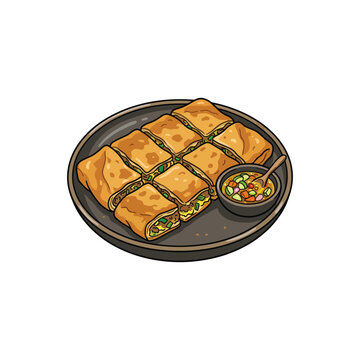 Crispy savory egg martabak telur with meat filling and vinegar pickle vector illustration for night street food menu, isolated on white background