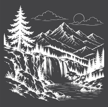 Mountain landscape with a waterfall, black-and-white vector drawing on black background