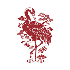 Obraz premium Traditional Chinese Paper Cut Crane Pine Tree Oriental Artwork