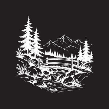 Mountain landscape with a river and a bridge  vector sketch on black  background