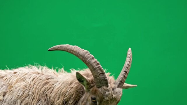 Wild goat with large curved horns calling out against green backdrop for wildlife and nature imagery