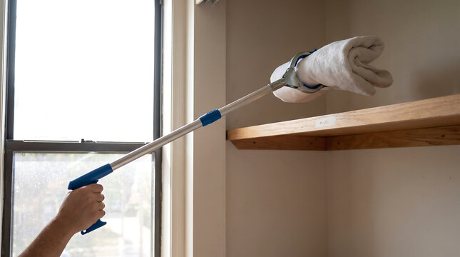 Hand Using Long Handled Reacher Grabber Tool To Retrieve Folded Towel From High Shelf Demonstrating Mobility Aid Accessibility Device At Home