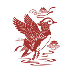 Fototapeta premium Traditional Chinese Paper Cut Flying Mandarin Duck Vector Artwork