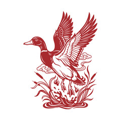 Obraz premium Chinese Paper Cut Flying Mallard Duck Lake Reed Artwork