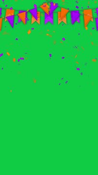 Orange and Purple Bunting Flags with Falling Confetti green screen animation, chroma key Halloween Party celebration isolated vertical social media motion design element