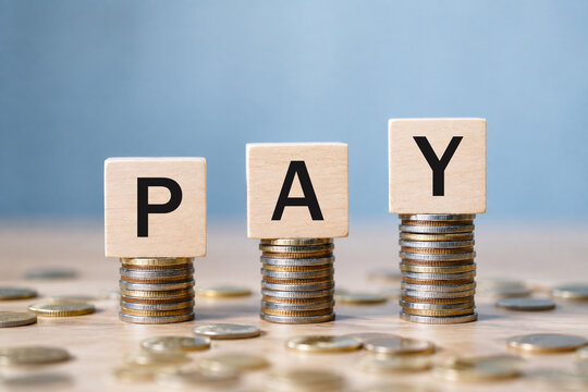 Wooden blocks with the letters PAY stacked on piles of coins representing salary payment, financial transactions, payroll management, business expenses, economic exchange, and monetary flow.
