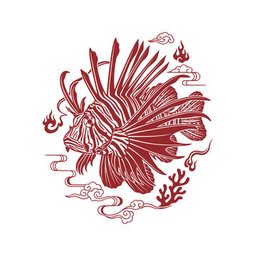 Oriental Chinese Paper Cut Lionfish Spines Sea Vector