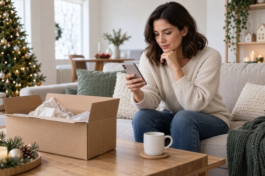 Customer checking a Christmas refund on a smartphone, illustrating ecommerce support, post-purchase service and digital refund management.