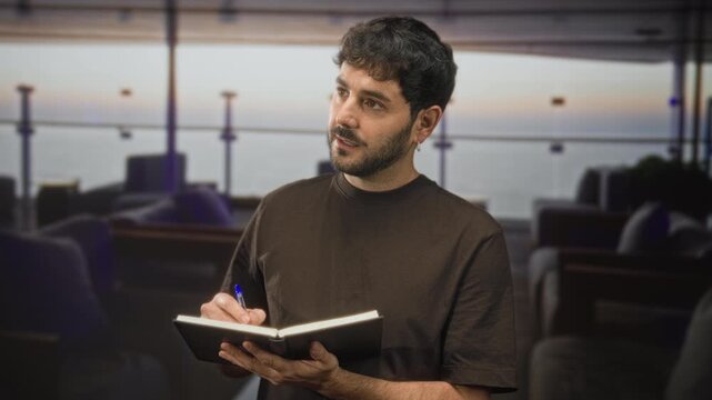 Hispanic man with beard writing in a notebook with a pen, right hand visible holding the notebook, in an airport lounge with window view of sea; contemplation study.
