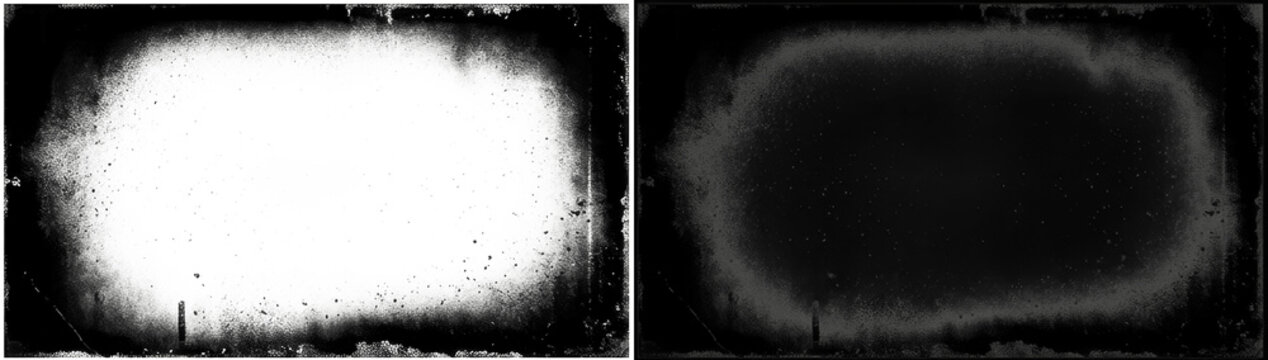 Distressed grunge film frame overlay with black borders, grainy noise texture and vintage photography dust marks for artistic photo editing, creative post processing and moody design projects