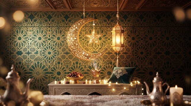 Elegant Ramadan Mubarak Background with Golden Crescent Moon and Lantern
Luxurious Islamic Eid Decoration with Golden Star Crescent and Dates 