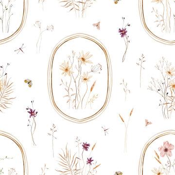 Hand painted watercolor seamless pattern of terracotta and rust wildflowers, cream daisies, mauve blooms, grasses, seed heads, berries, moths and dragonflies with thin wavy lines on white background.