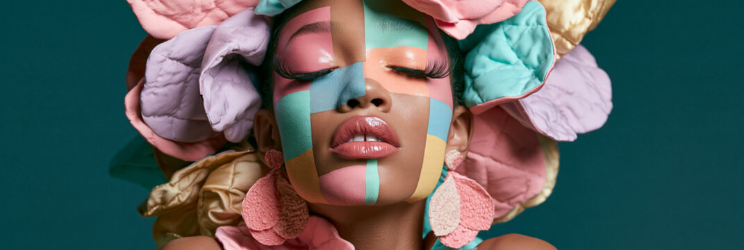K&uuml;nstlerisches Portr&auml;t einer Frau mit collagierten Blumen- und Stoffelementen im Gesicht, buntes Design f&uuml;r Beauty- und Modekampagnen.