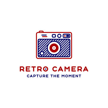 Vintage retro compact camera logo icon badge colorful monoline illustration