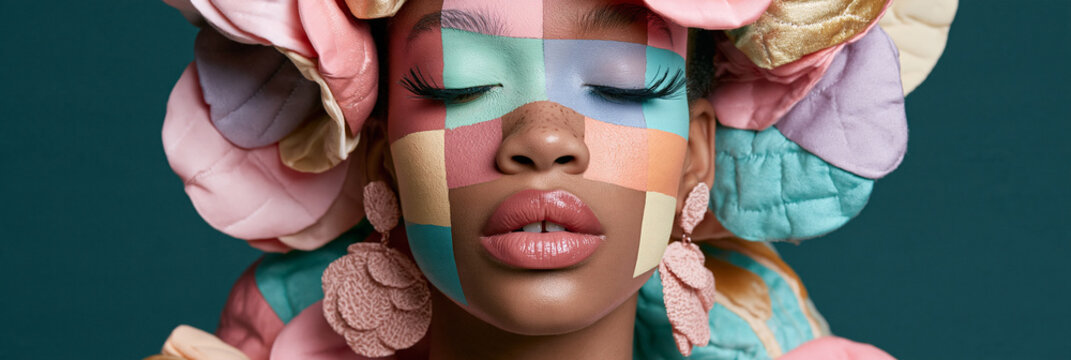 K&uuml;nstlerisches Portr&auml;t einer Frau mit collagierten Blumen- und Stoffelementen im Gesicht, buntes Design f&uuml;r Beauty- und Modekampagnen.