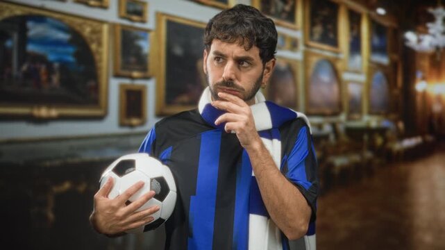 Man wearing blue striped football shirt and scarf holding soccer ball with hand on chin in a building gallery of framed paintings; contemplation fandom support.