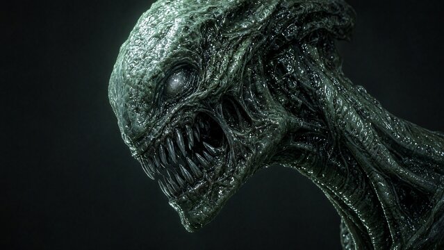 alien monster green head with sharp teeth and horror Halloween scary vibe