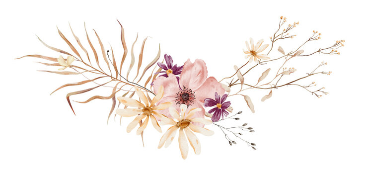 Hand painted watercolor horizontal arrangement with dusty pink poppy flower, daisies, deep raspberry accents, dried grass blades, seed pods and beige twigs in terracotta palette on white background