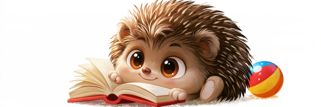 Niedlicher Cartoon-Igel liest ein Buch neben bunten B&auml;llen, verspielter Illustrationsstil, ideal f&uuml;r Kinderb&uuml;cher und Bildungsmaterialien.