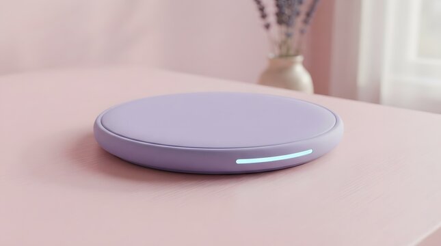 Round wireless charging pad mockup on desk surface background