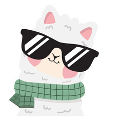 Fototapeta premium Cute alpaca wearing sunglasses and green scarf cool llama character profile