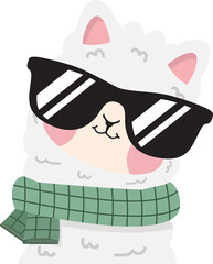 Fototapeta premium Cute alpaca wearing sunglasses and green scarf cool llama character profile