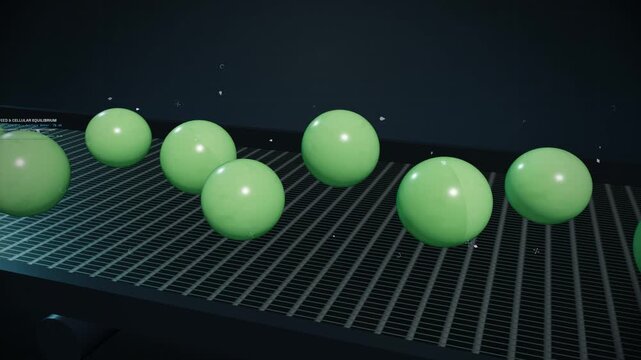 3D animation of Individual Quick Freezing IQF process of green peas Pisum sativum on a conveyor using cryogenic nitrogen impingement showing crust vitrification and core equilibration