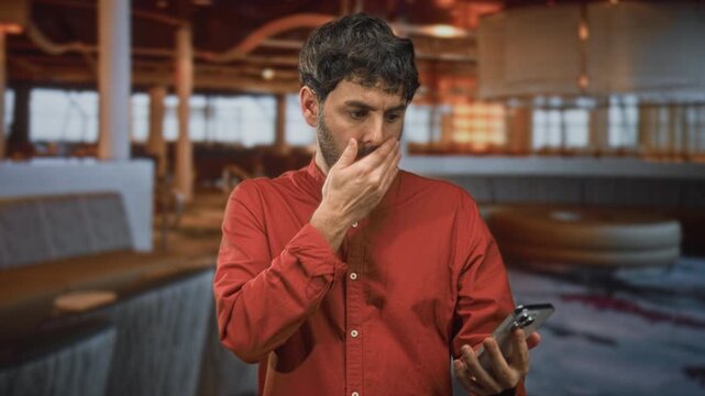 Young bearded man in red shirt holding smartphone, looking at screen with hand to mouth gesture in lounge; privacy concern.
