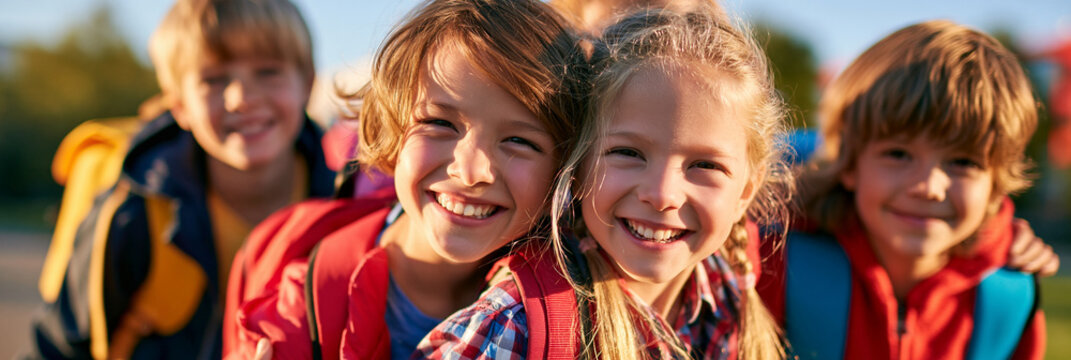 L&auml;chelnde Schulkinder mit bunten Rucks&auml;cken im Freien, warme Herbstfarben, realistischer Stil f&uuml;r Bildungswerbung und Schulkampagnen.