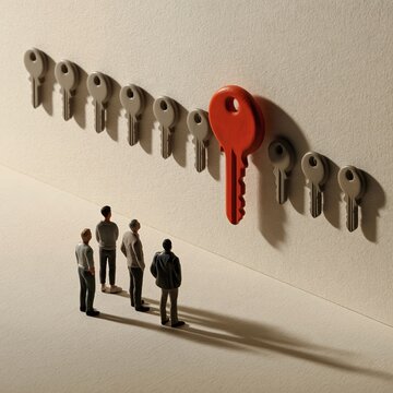 People observing a wall of gray keys with one orange key. Miniature people looking at a unique orange key among many gray keys