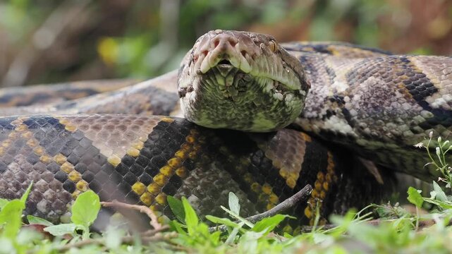 Reticulated python on the grass coiled low to the ground amidst green plants and foliage.
