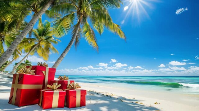 Red gifts boxes sit on the sand of a tropical beach under palm trees with the sun shining on a clear day