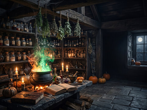 Mysterious witch alchemy laboratory with boiling cauldron, magic potion, herbs and books