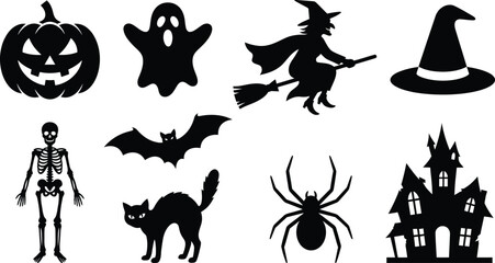 Fototapeta premium Halloween theme icons featuring pumpkin, ghost, witch, bat, skeleton, and haunted house.