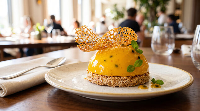 A glossy tropical mango and passionfruit exotic dome dessert on a coconut dacquoise base, garnished with micro mint and a delicate sugar tuile in an upscale restaurant.