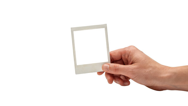 A hand holding an empty photo frame isolated on transparent background