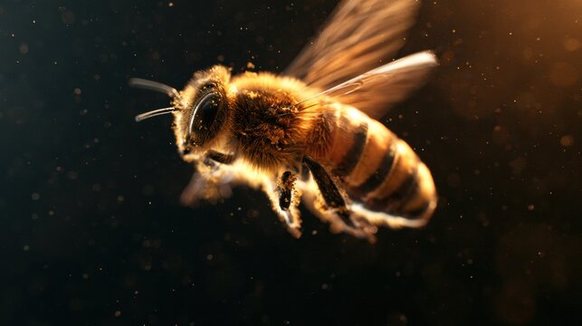 Honeybee flies with wings in motion, showing pollen on body hairs. Background features warm dust particles and a dark setting.