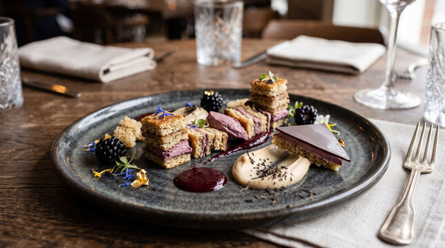 A sophisticated deconstructed Earl Grey tea and blackberry opera cake slice with razor-thin sponge layers, blackberry buttercream, and a dark chocolate mirror top.