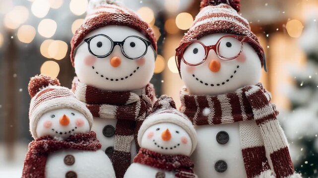 Four snowmen in winter hats and scarves stand together in a holiday setting surrounded by lights and decorations