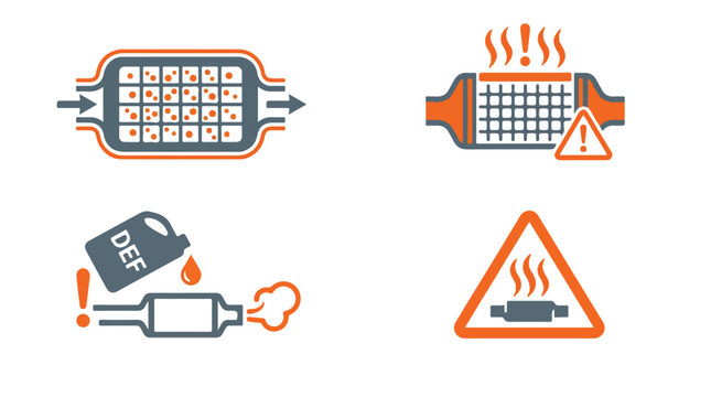 Heavy-Duty Diesel Exhaust Fluid DEF and DPF Regeneration Warning Vector Icon Set