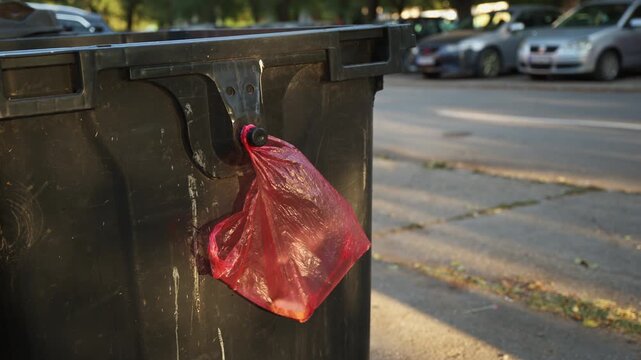 Bread slices in a red plastic bag hung on a trash container for others to take. Concept of food waste reduction, community sharing, urban poverty, and responsible disposal.