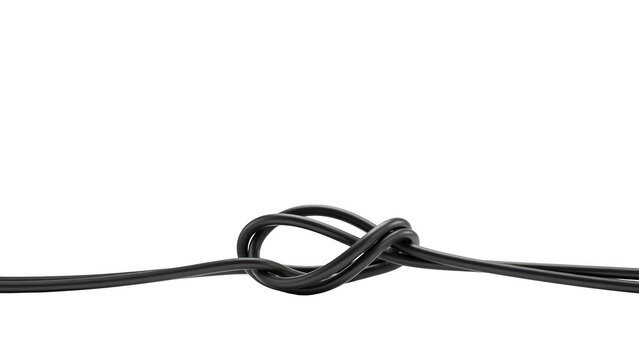 A single black cable tied into a knot isolated on transparent background
