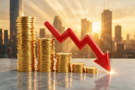 Stacks of gold coins decreasing in size with a red downward arrow against city skyline
